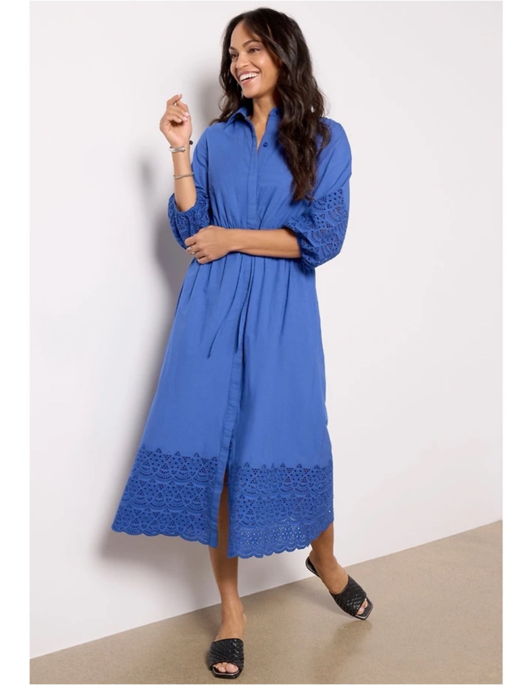 NEW EVEREVE Addison Eyelet Button Front Tie Waist Midi Dress in Royal Blue